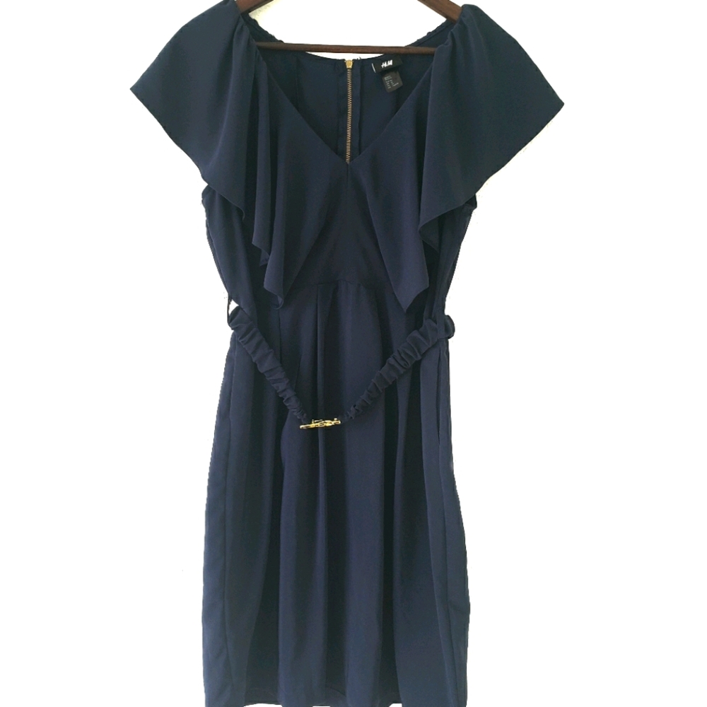 H&M Navy Blue Mid-Length Dress W/ Belt Size US 14